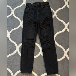 Black distressed straight leg mom jeans